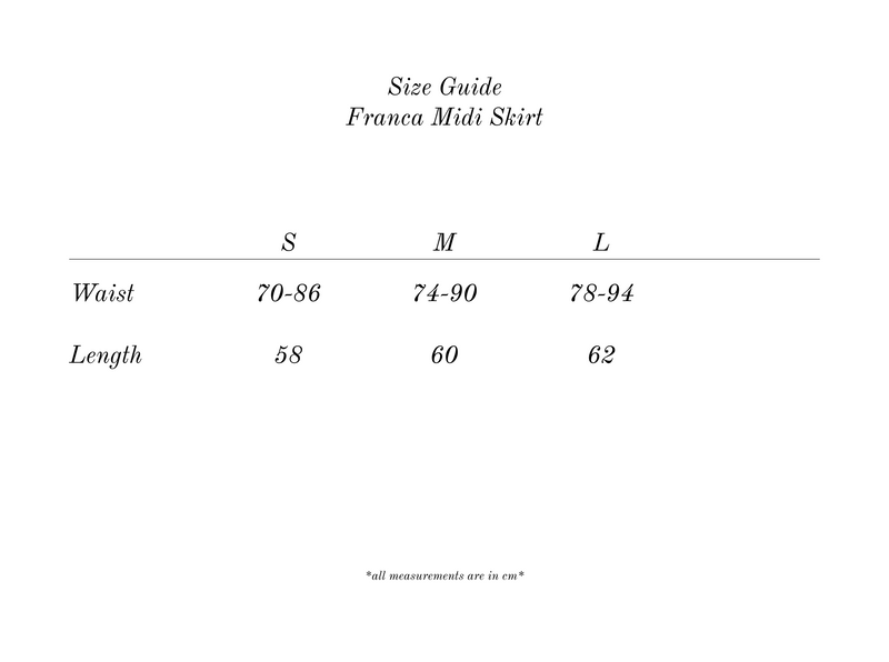 Measurement guide for Franca Midi Skirt in Teal